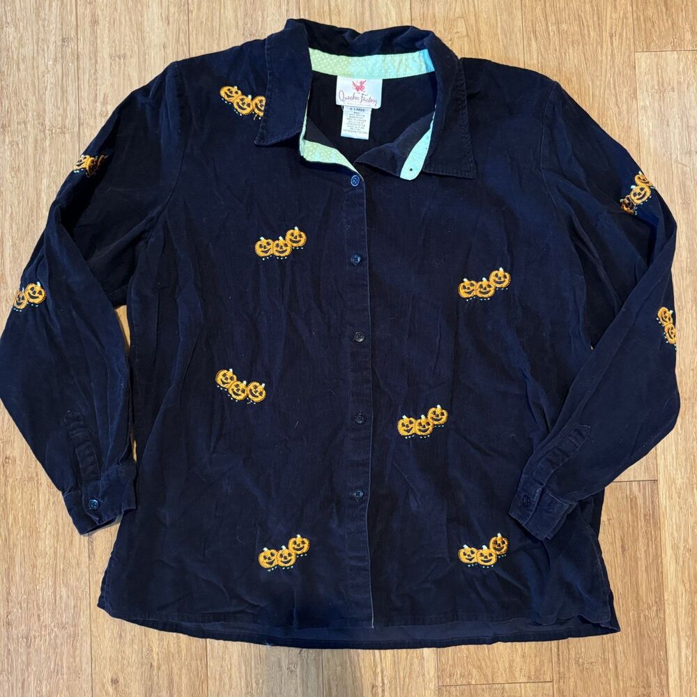 Quacker Factory Vintage Halloween Corduroy w/Embroidered Pumpkin Button Up Sz XL